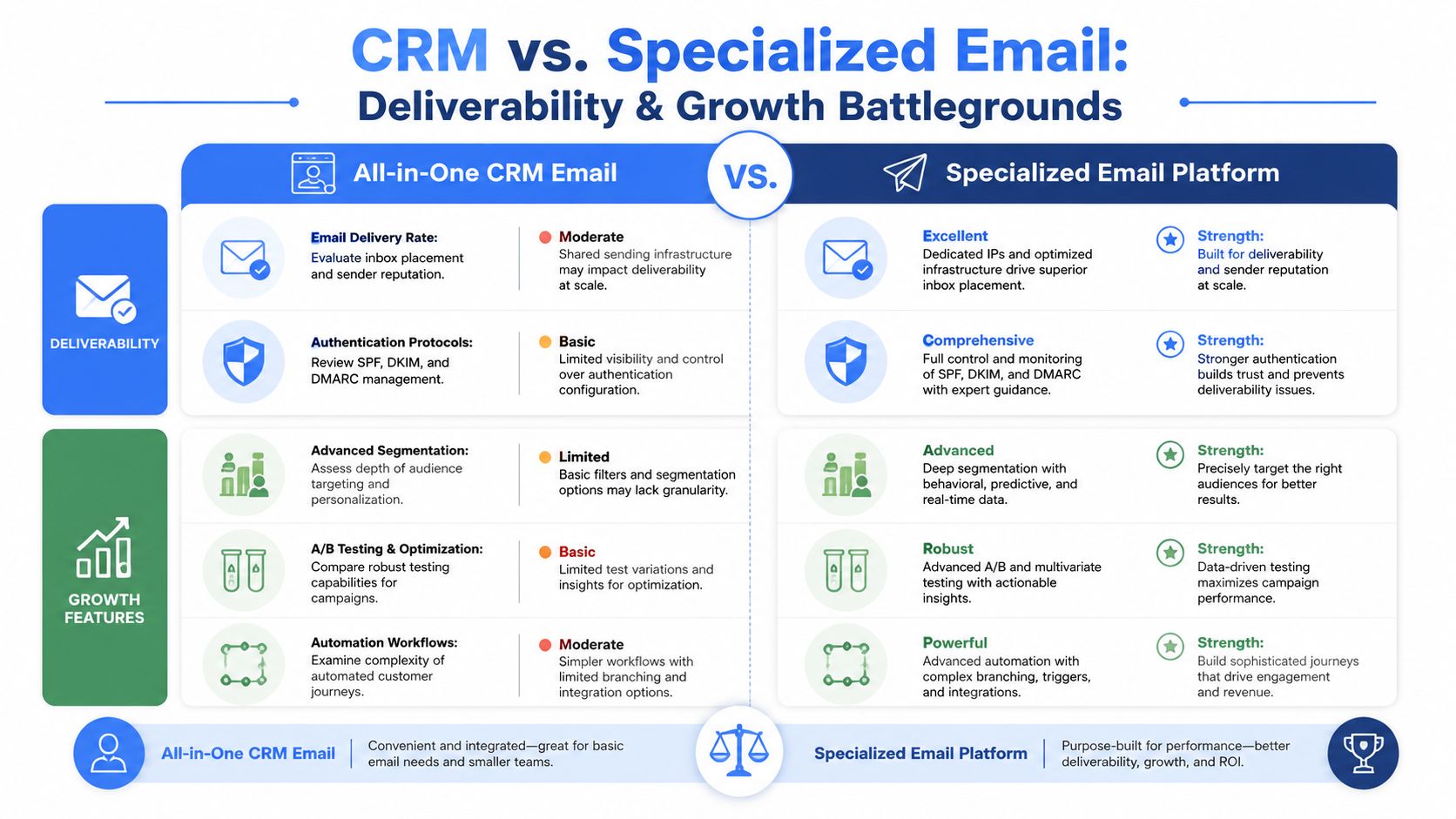 A comparison chart showing differences between All-in-One CRM Email and Specialized Email Platforms regarding deliverability and growth features.