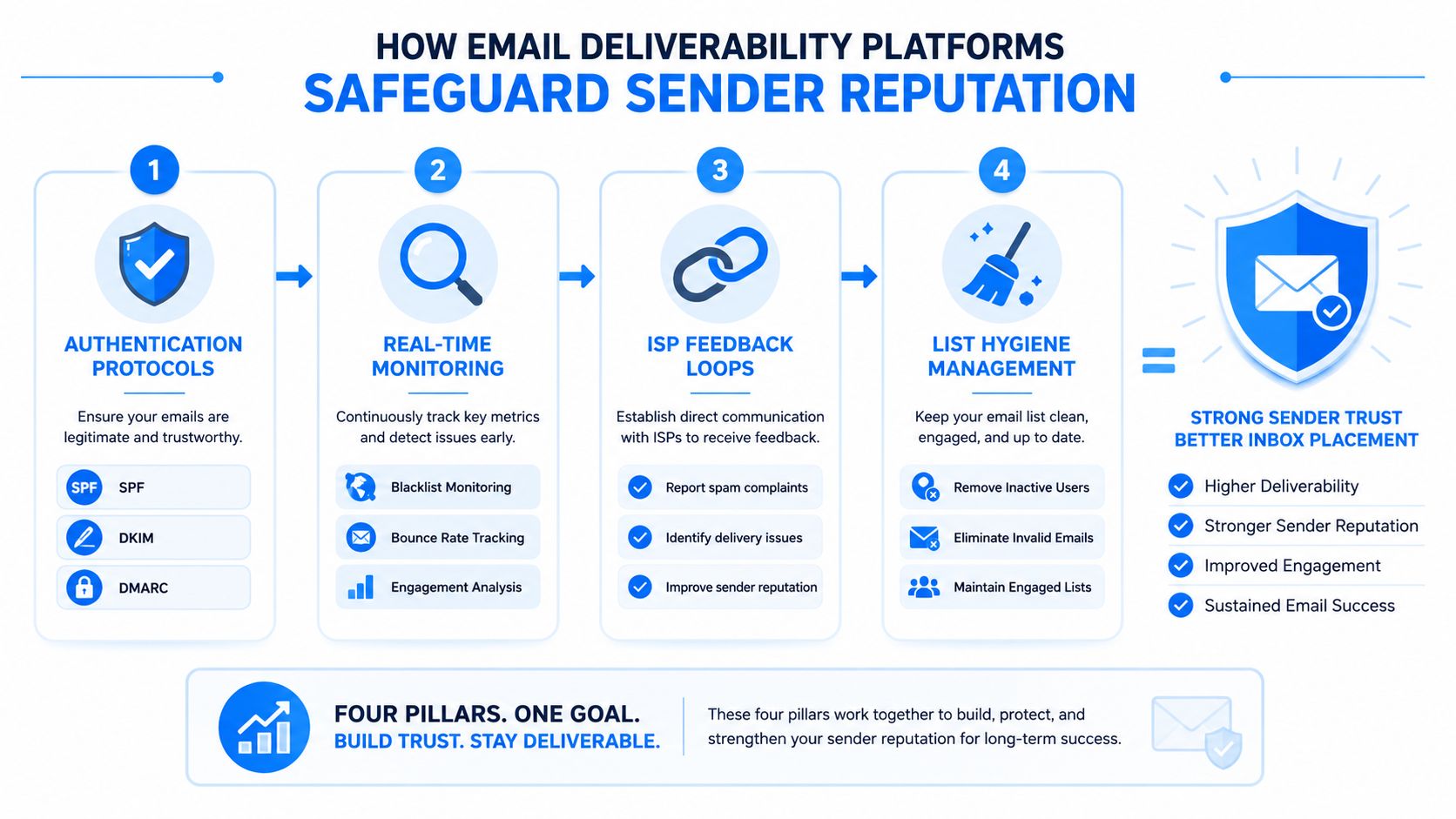 A diagram illustrating the four key pillars of email deliverability platforms to ensure sender reputation and inbox placement.