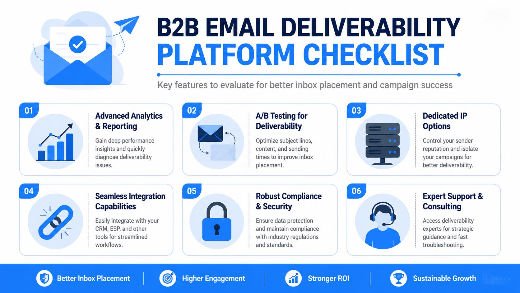 A B2B email deliverability platform checklist infographic highlighting six key features for improving campaign performance and success.
