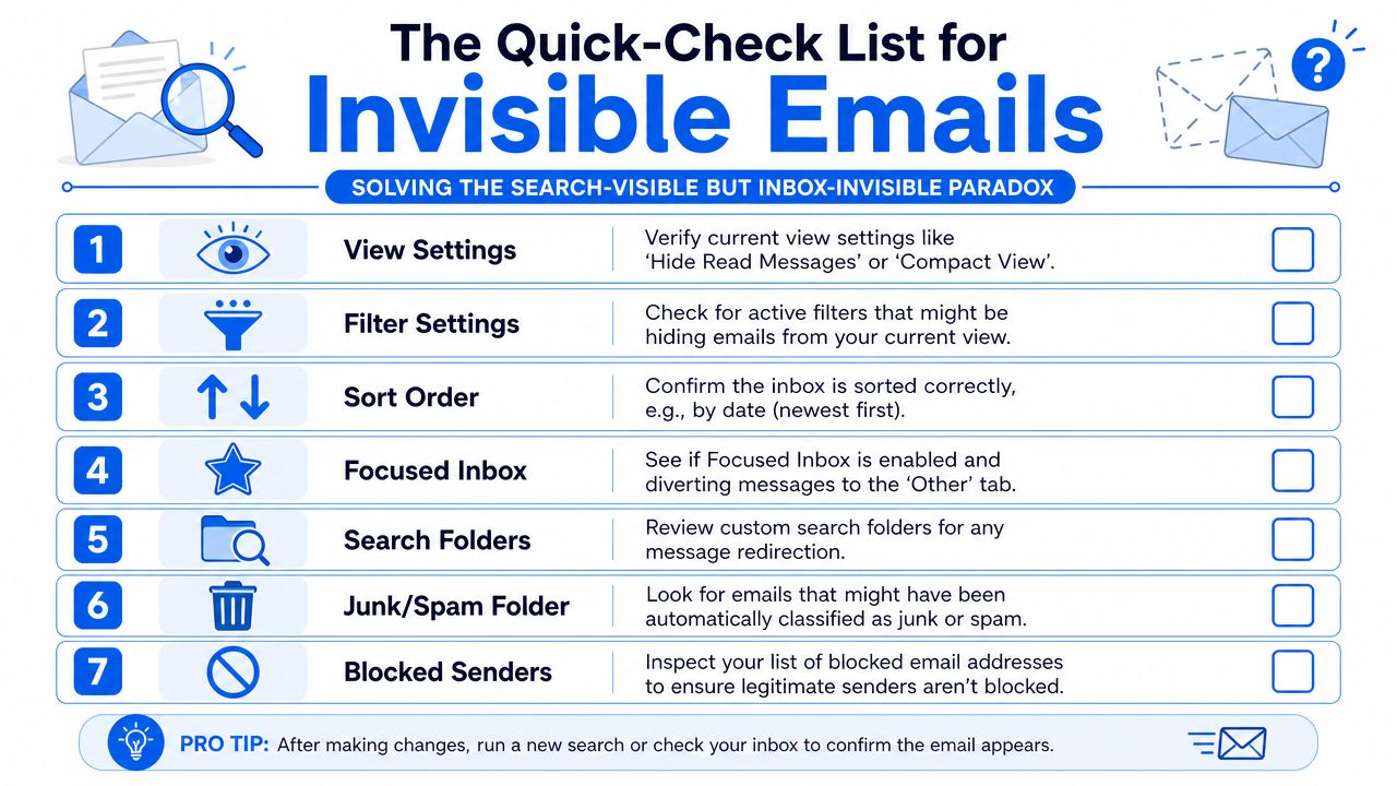 A checklist of seven steps to fix email issues when messages are missing from your inbox.