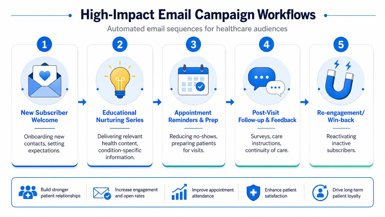A diagram outlining five high-impact email marketing workflow strategies designed for healthcare providers and their patients.