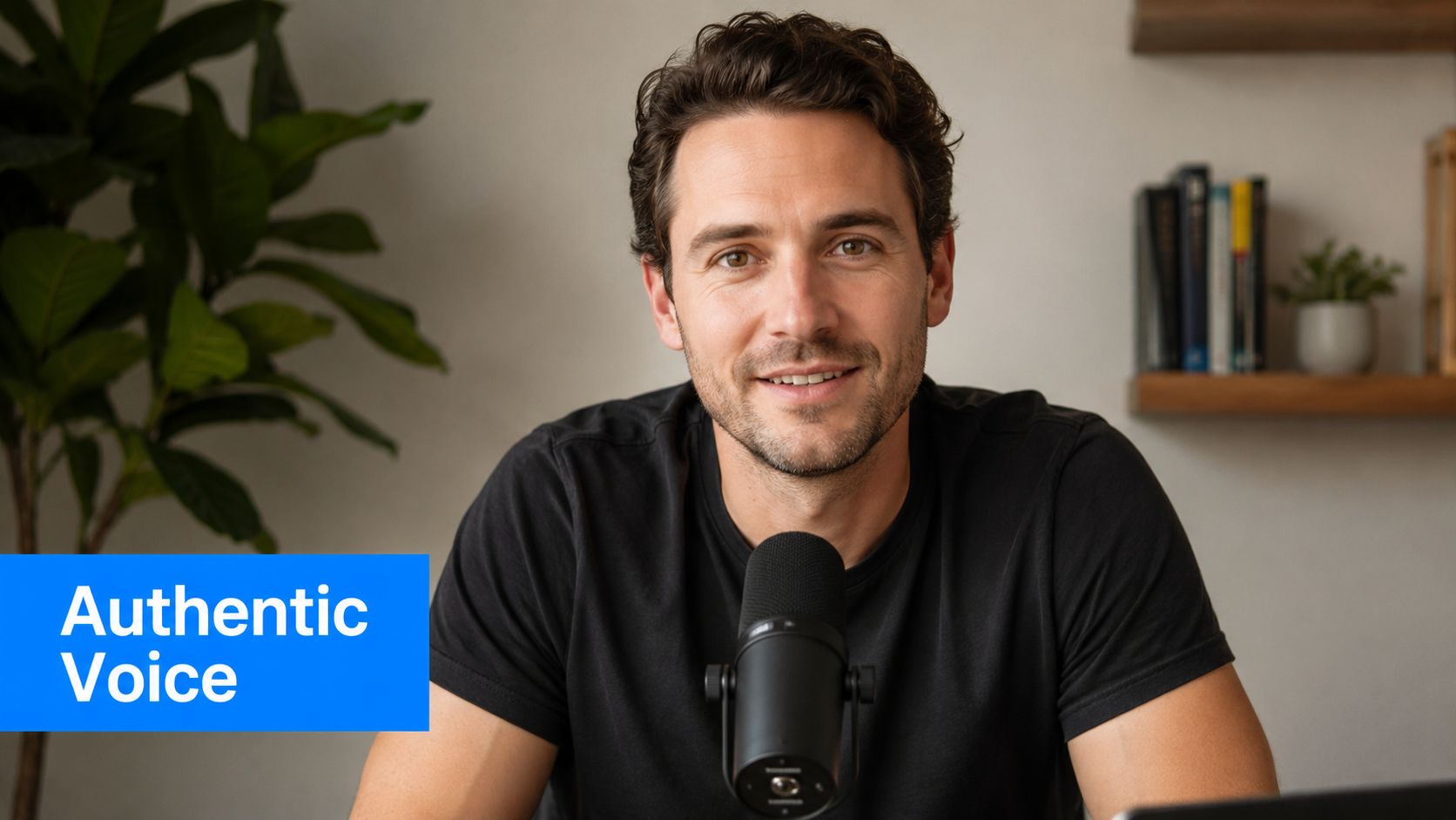 A smiling young man in a black t-shirt talking into a professional podcast microphone