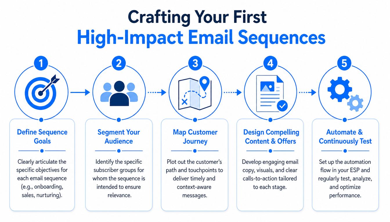 An infographic showing a five-step process for creating effective, high-impact email marketing sequences for businesses.