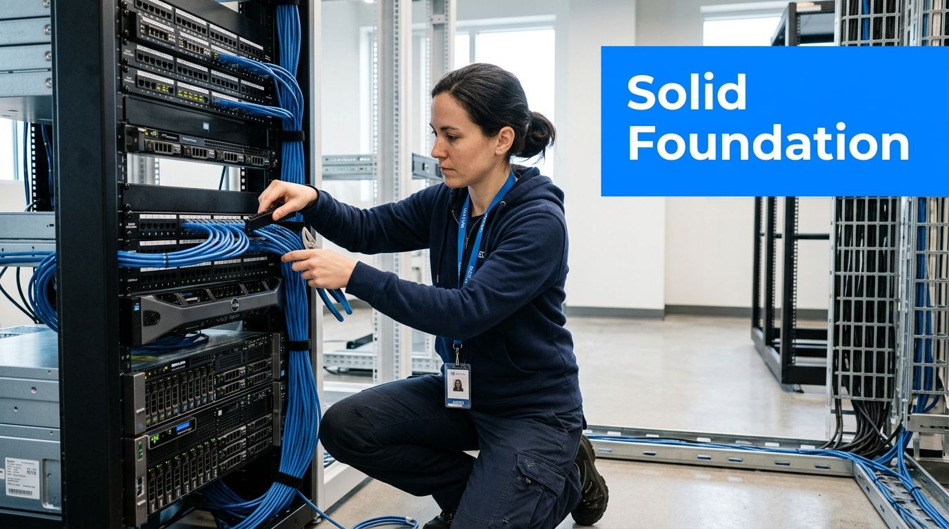 A female IT technician performing server maintenance while connecting blue ethernet cables in a data center.