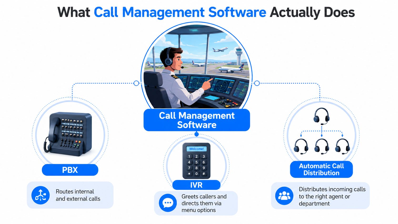A diagram illustrating how call management software functions, featuring a central air traffic controller metaphor connecting PBX, IVR, and Automatic Call Distribution.