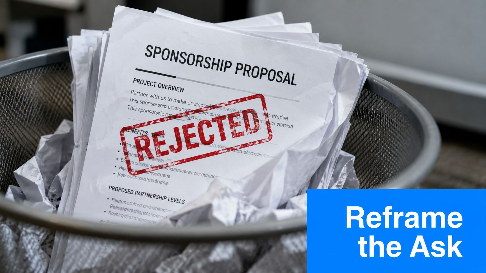 A stack of rejected sponsorship proposal documents inside a metal trash can at an office.