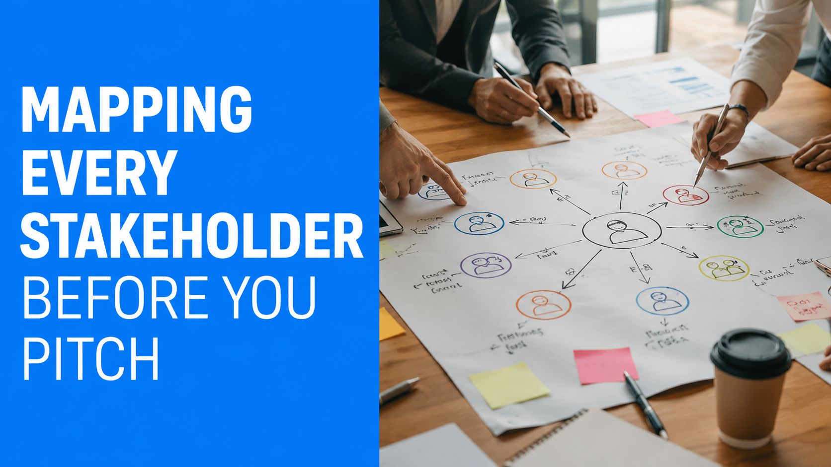 A team of professionals collaborating around a table to map out stakeholders on a large sheet.