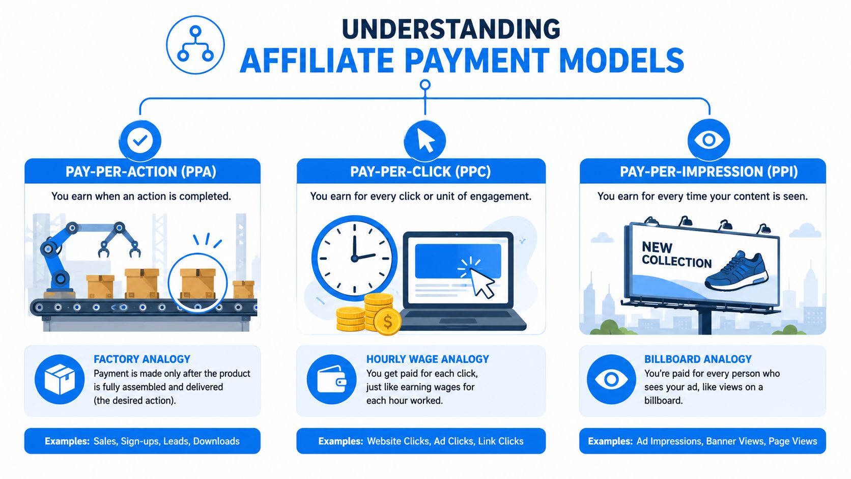 A diagram explaining three common affiliate marketing payment models: Pay-Per-Action, Pay-Per-Click, and Pay-Per-Impression with their analogies.