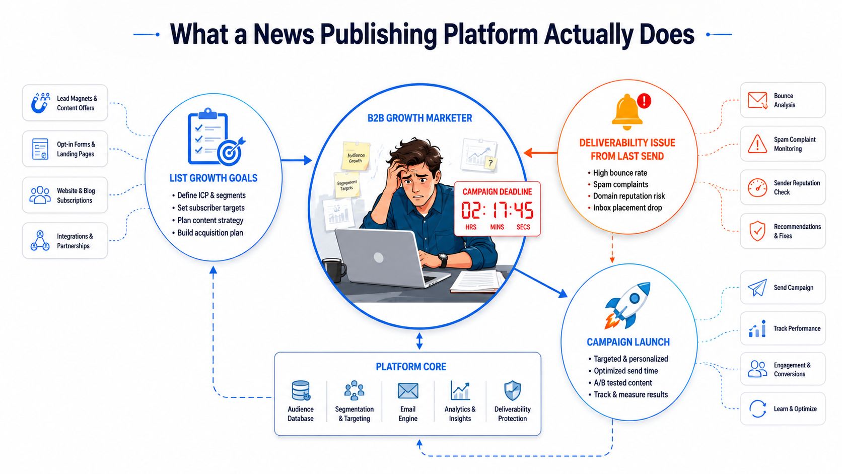 A diagram illustrating the workflow of a B2B news publishing platform for marketing growth and email deliverability.