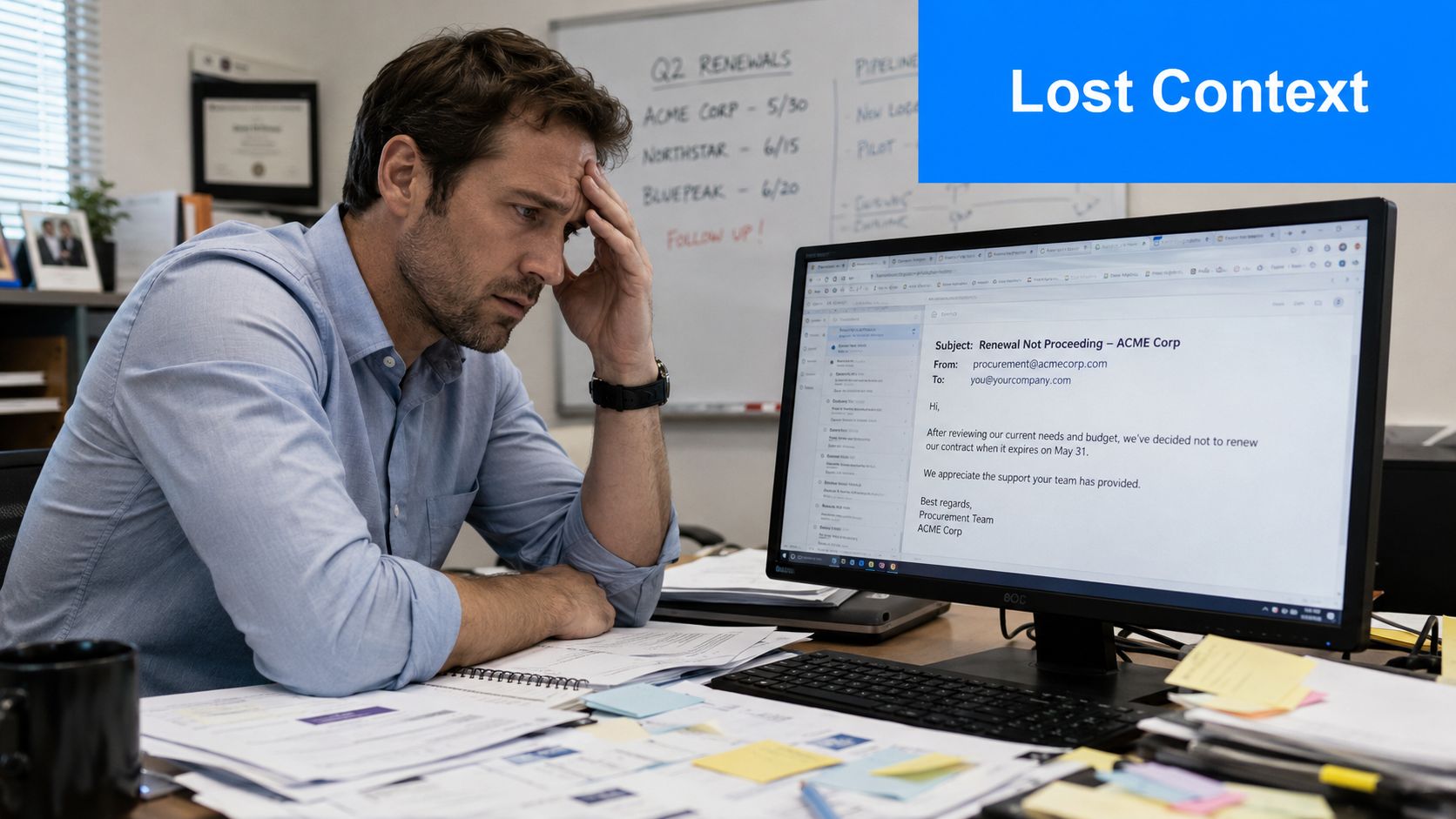 A stressed man sitting at his desk looking at an email notification about a lost contract renewal.