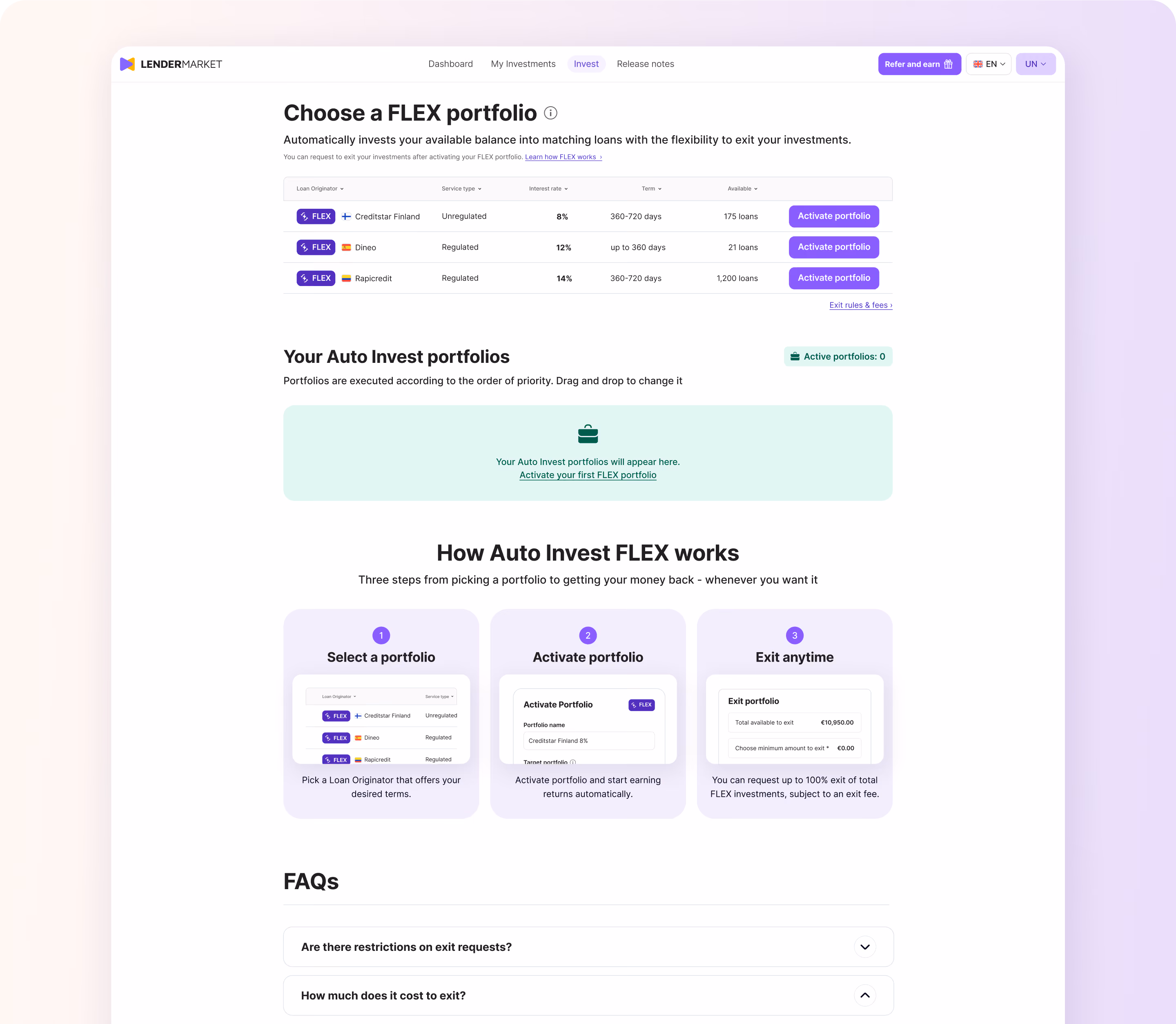 Auto Invest FLEX portfolio selection and activation interface