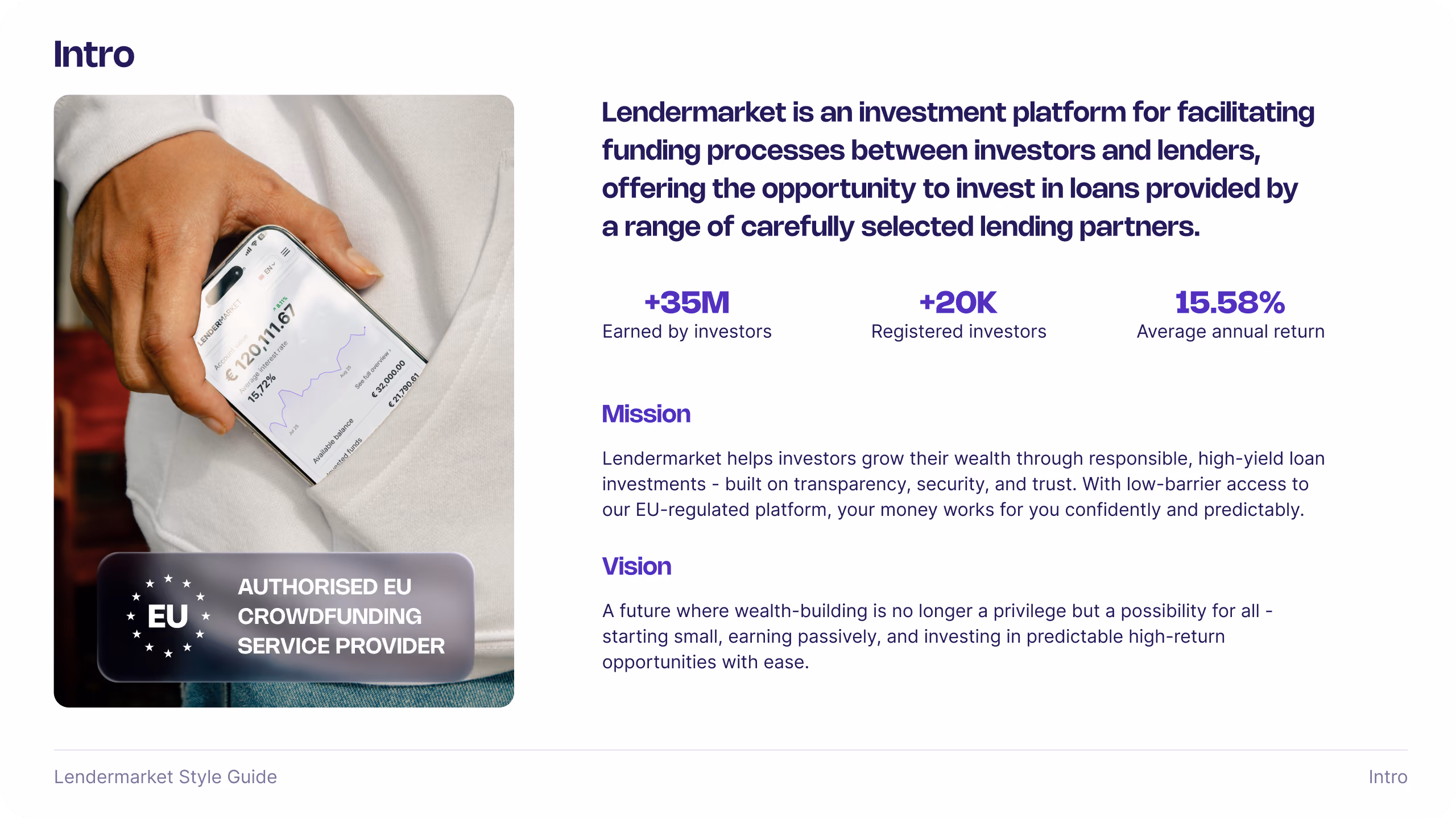 Lendermarket style guide explaining the mission and vision