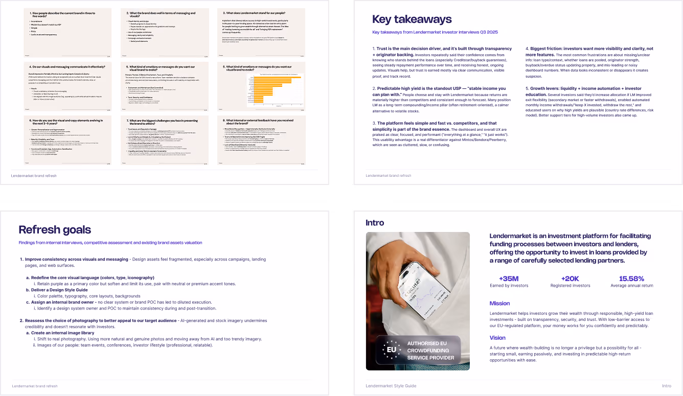 Lendermarket investor research synthesis, key takeaways and goals for the brand refresh.