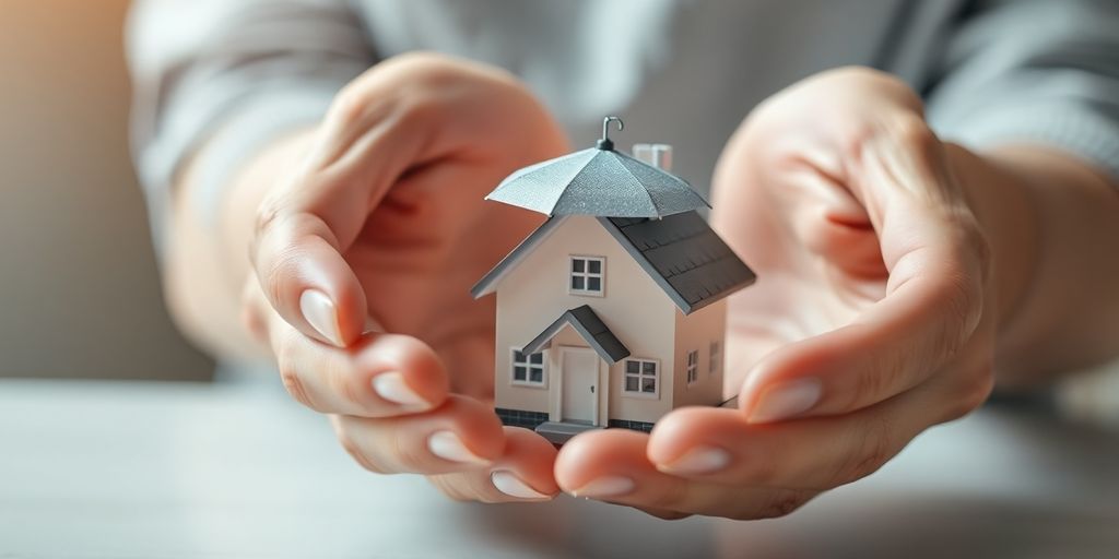 Manos protegiendo casa miniatura con paraguas.