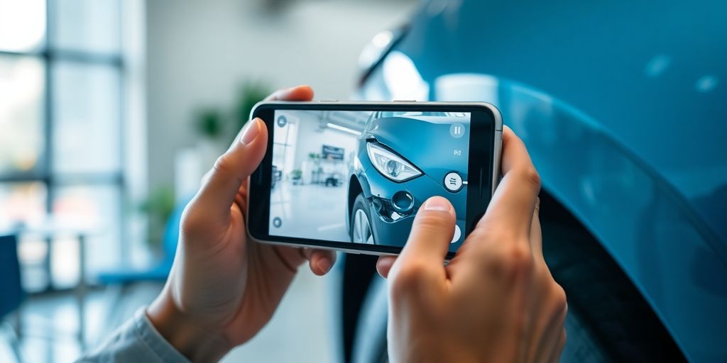 Manos sosteniendo teléfono inspeccionando auto dañado.