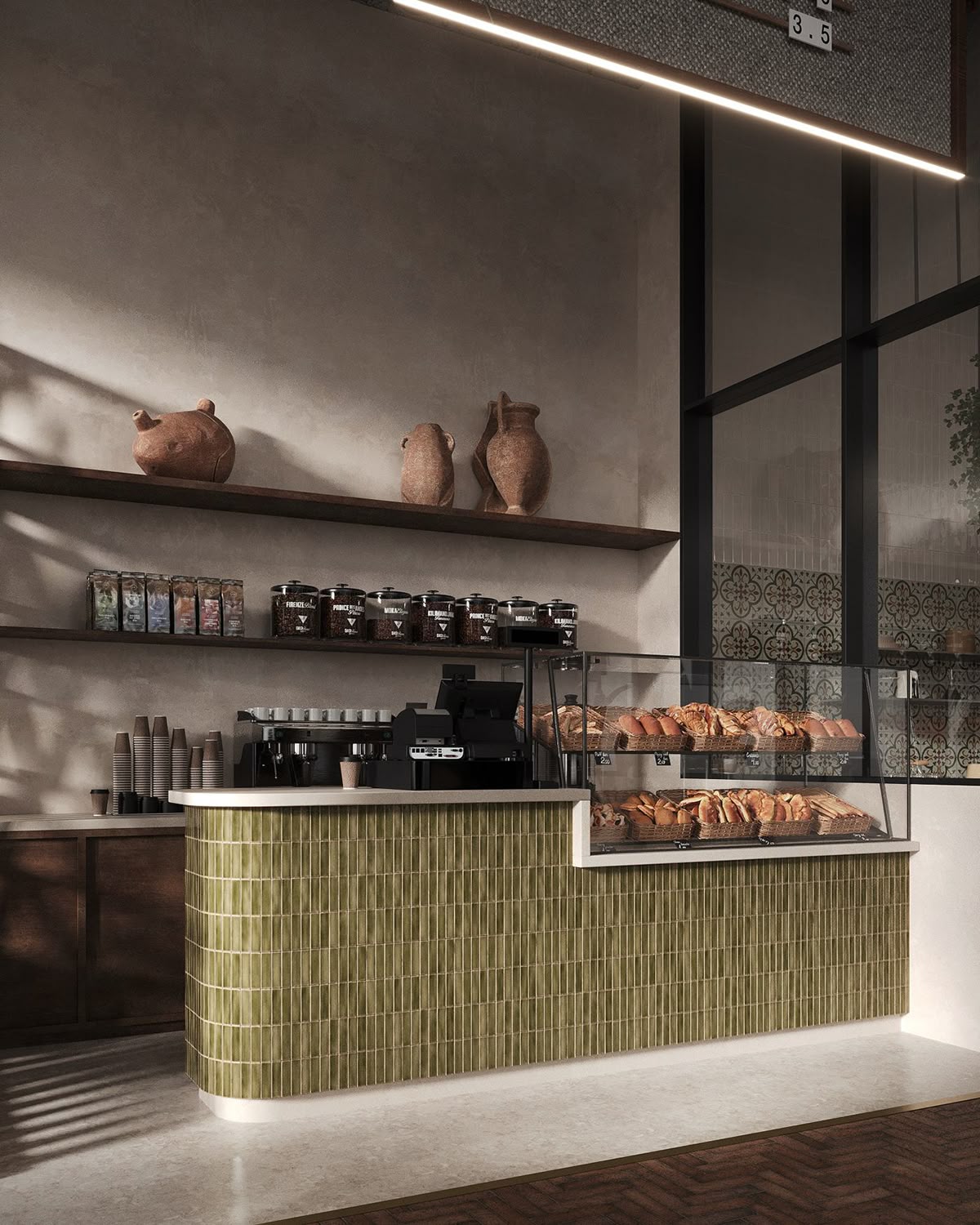 Café counter design in Altrincham with textured tiles and layered lighting