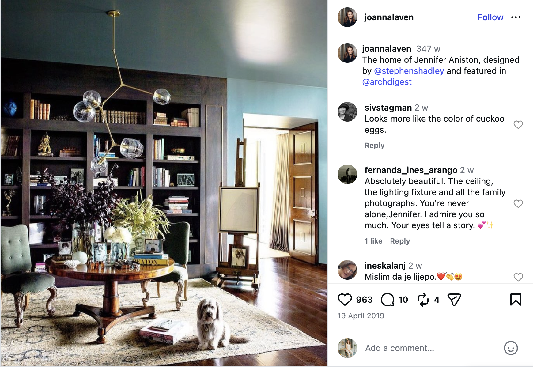 Jennifer Aniston's robin-egg blue library