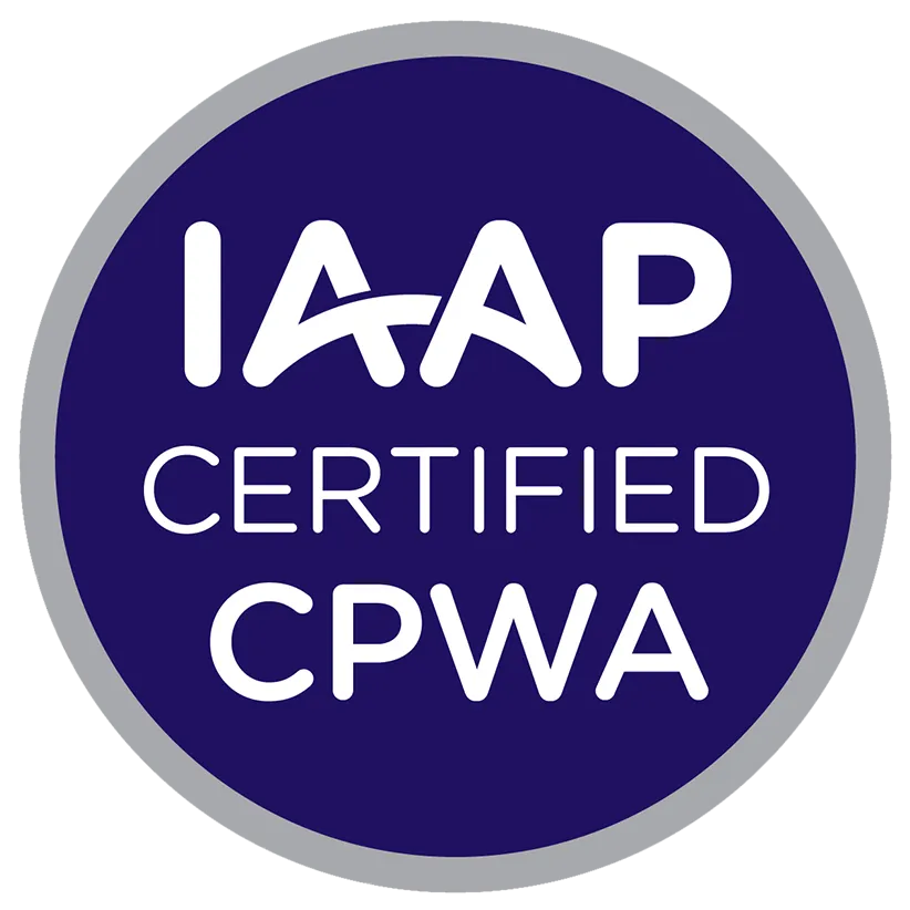 A navy, round badge with white text reading "IAAP CERTIFIED CPWA"