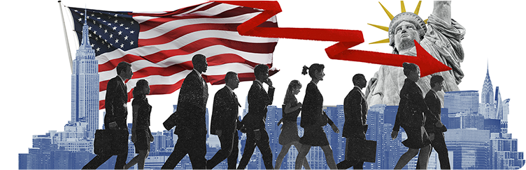 People walking with the united states flag behind them and the Statue of liberty also behind