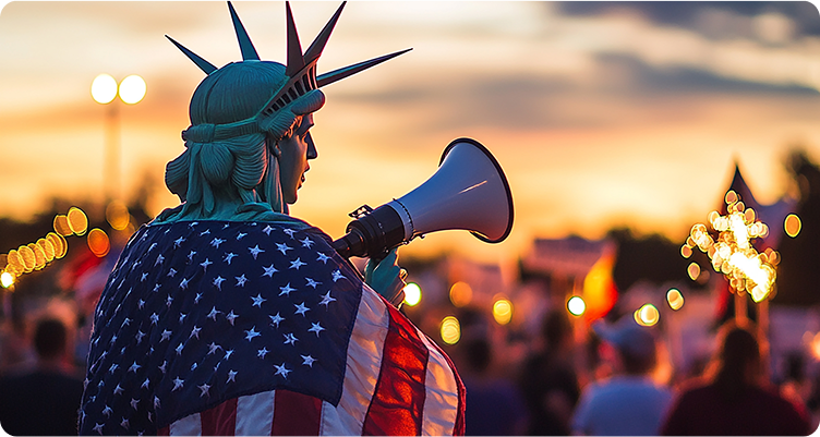 Statue of liberty with the united states flag on its back