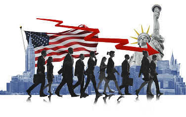 People walking with the united states flag behind them and the Statue of liberty also behind