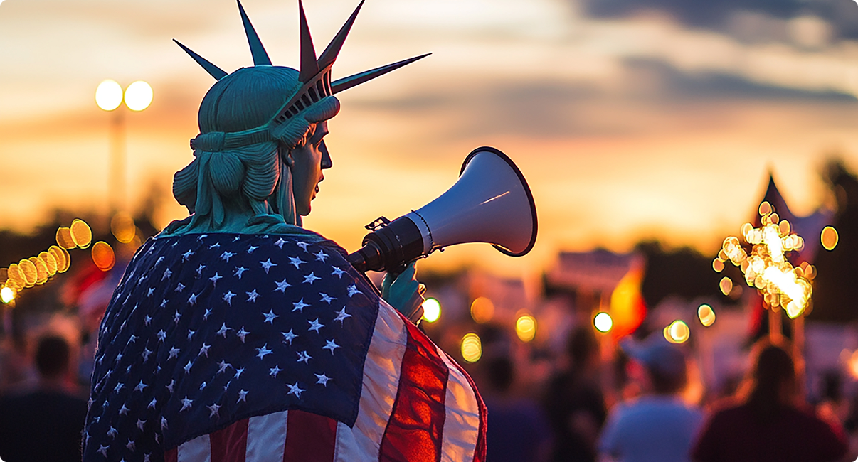 Statue of liberty with the united states flag on its back