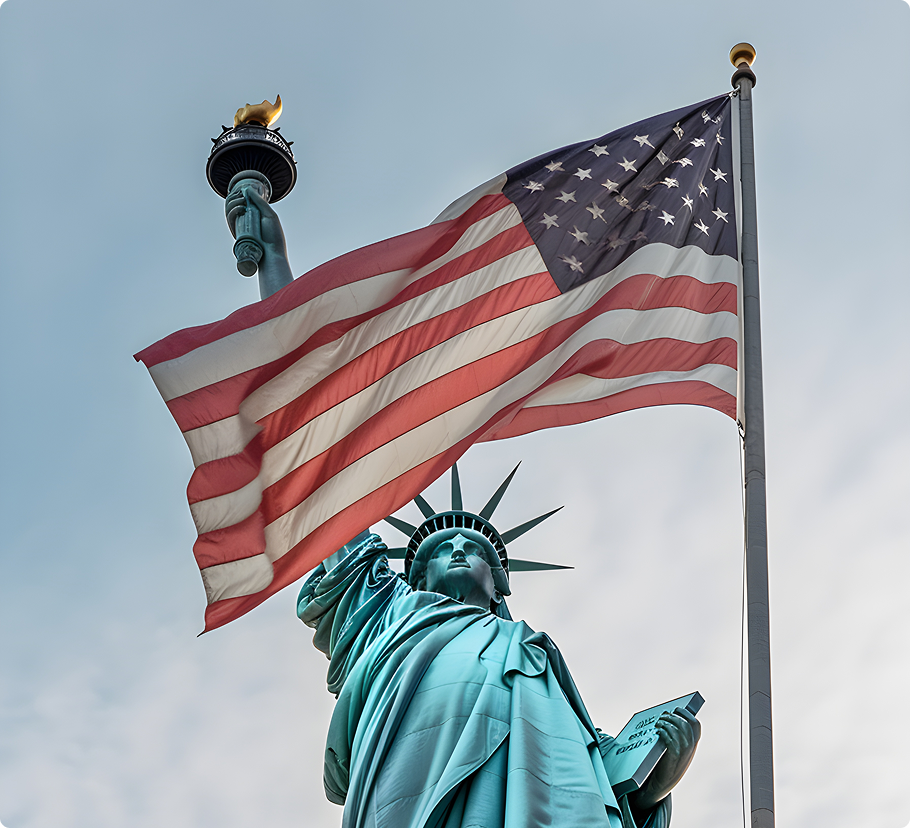 Liberty statue with a USA flag