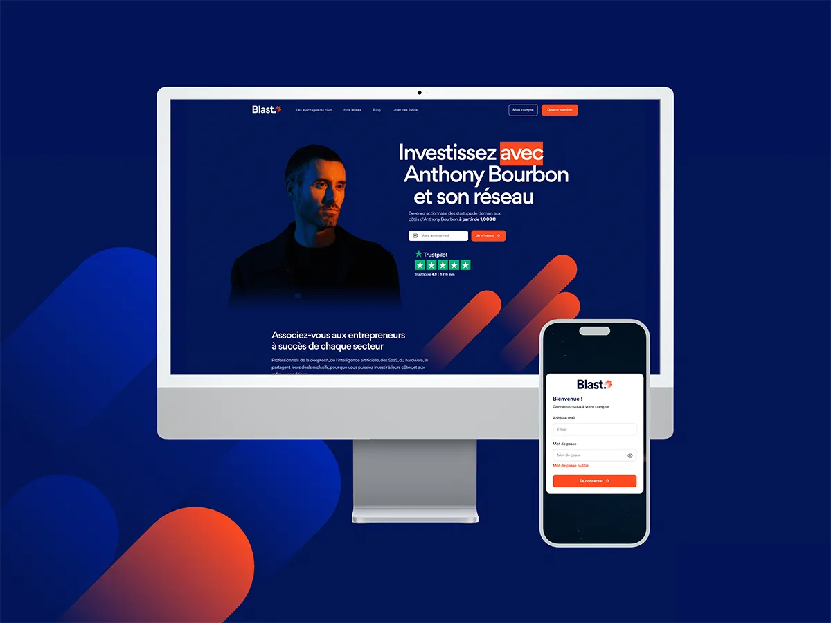 Computer screen showing a real estate investment site La Première Brique with a brick house and gold coins, plus a smartphone showing the login screen.