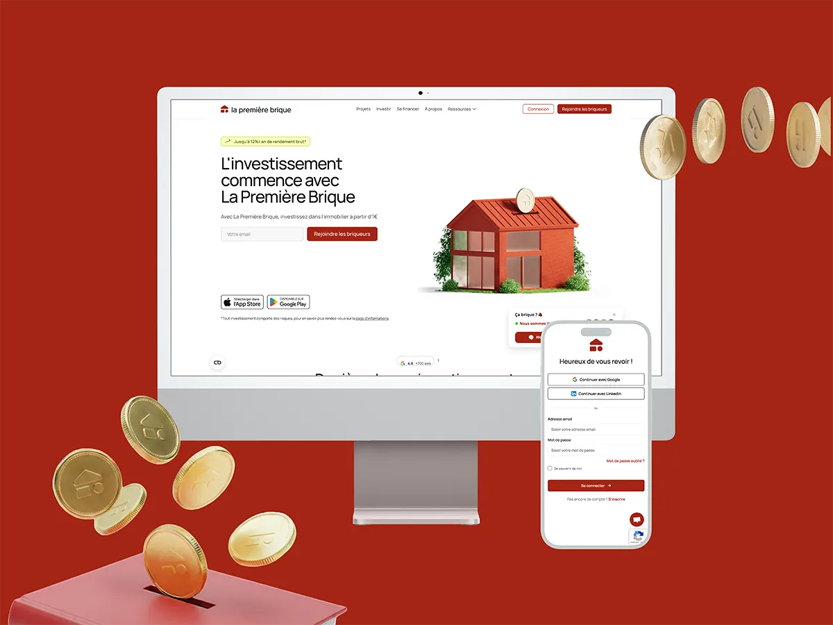 Computer screen displaying the First Brick home page with a brick house and a smartphone showing the login page, gold coins falling into a red piggy bank.