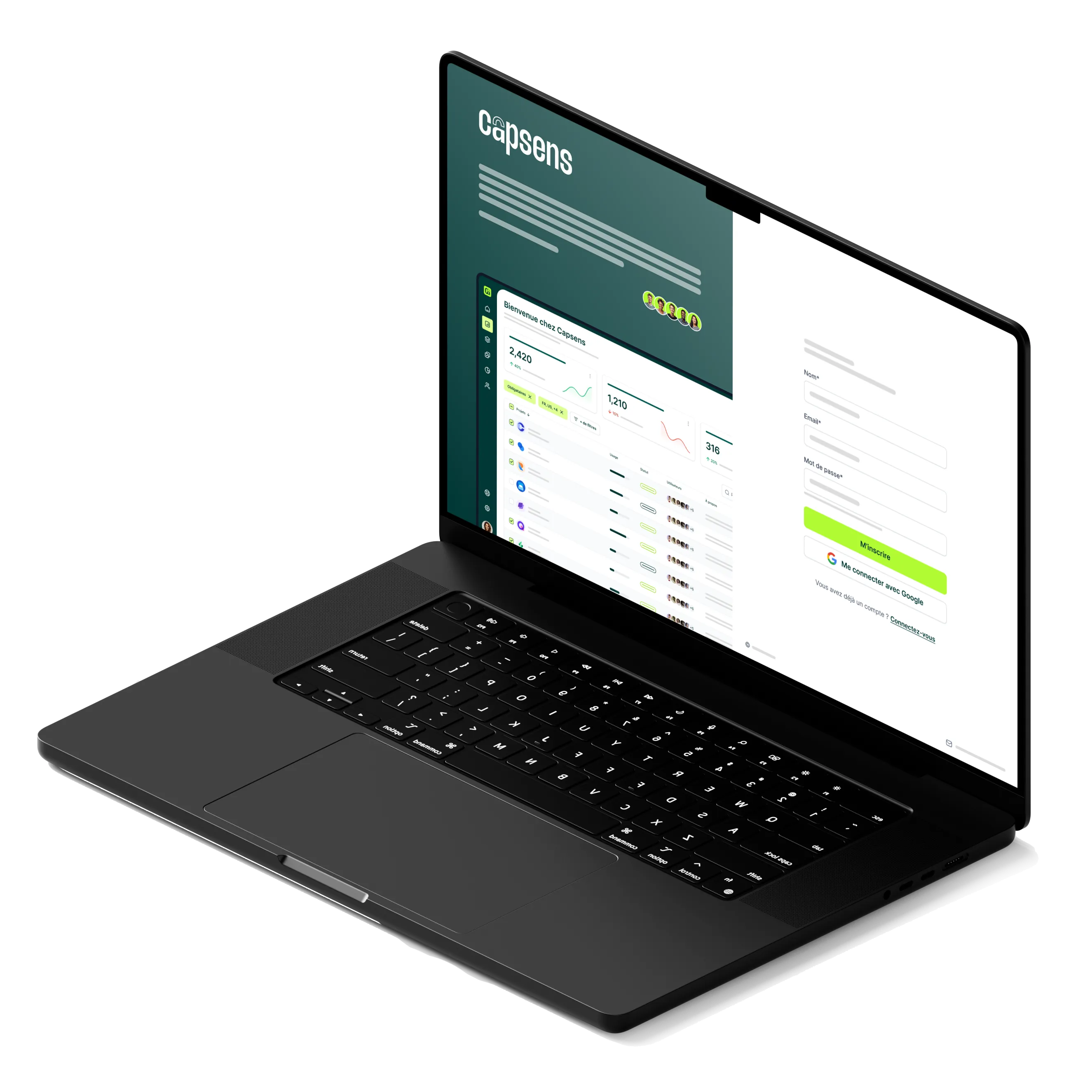 Ordinateur portable noir affichant un tableau de bord Capsens avec des graphiques, une liste, et un formulaire d'inscription à droite.