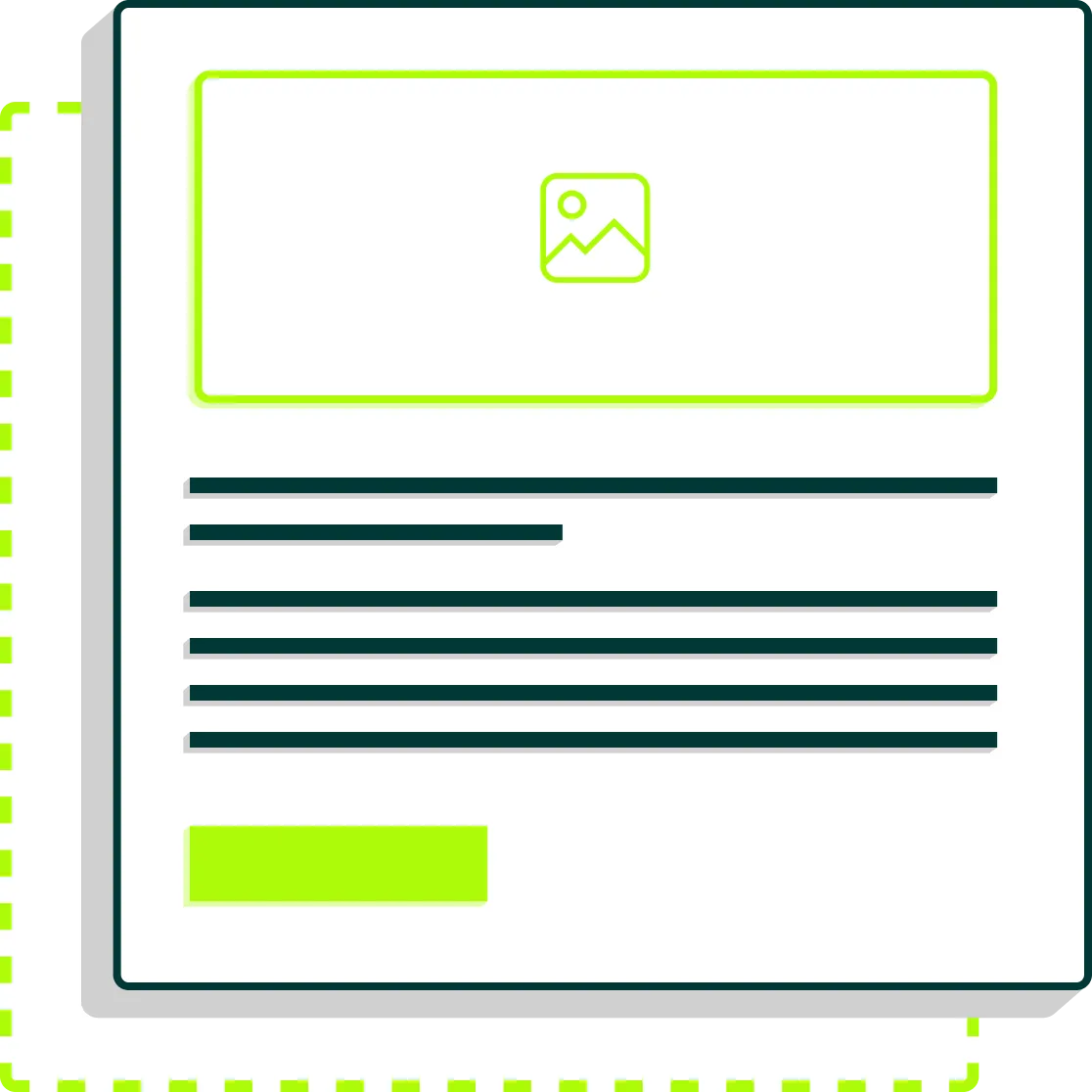 Illustration d'une page web avec un cadre d'image en haut, plusieurs lignes de texte et un bouton large en bas.