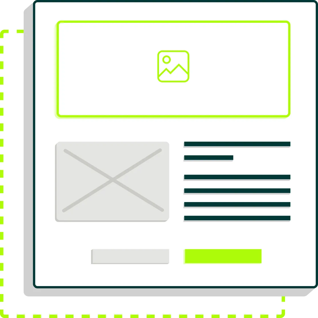 Maquette d'une interface utilisateur avec une grande zone d’image en haut, une image de style vignette à gauche, du texte à droite et deux boutons en bas.