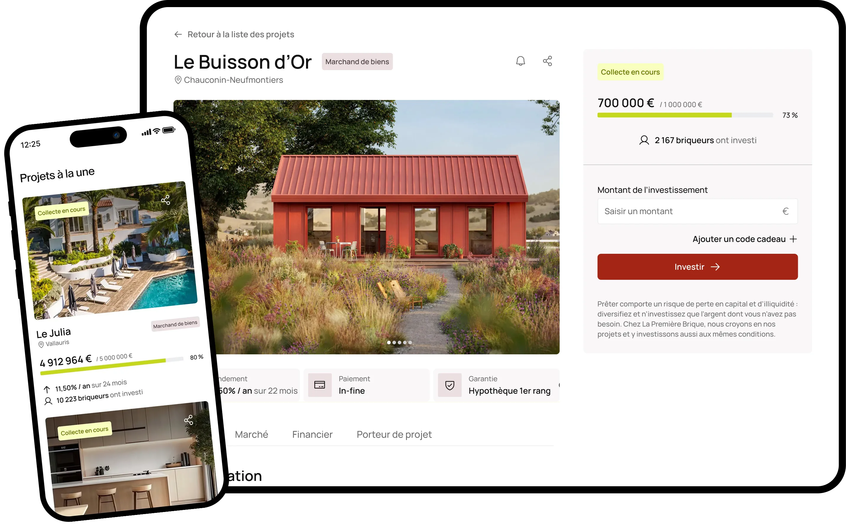 Interface d'investissement immobilier montrant un projet nommé Le Buisson d’Or avec une maison rouge moderne, la progression de la collecte de fonds à 73 %, et une application mobile affichant d'autres projets en cours.