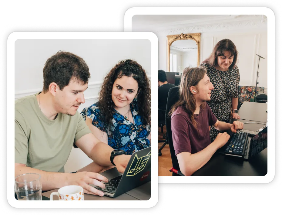 Deux images de groupes de personnes travaillant ensemble sur ordinateurs portables dans un bureau lumineux et décoré avec un miroir doré.