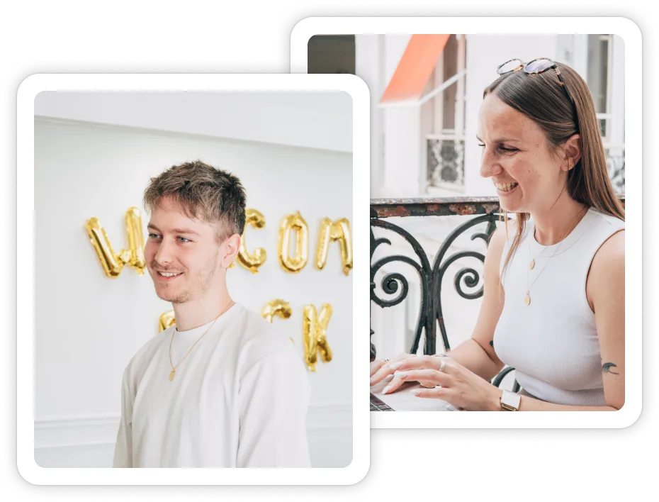 Jeune homme souriant devant des ballons dorés formant le mot 'WELCOME', et femme souriante tapant sur un ordinateur portable sur un balcon.
