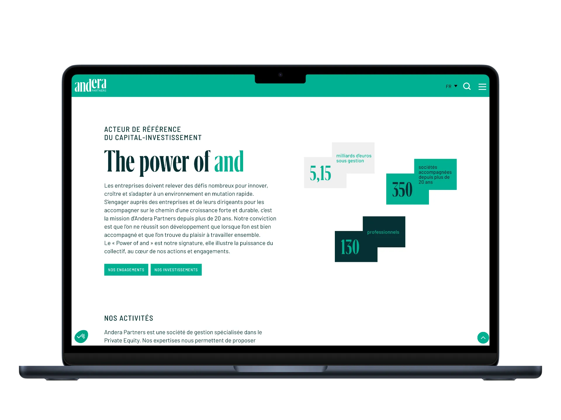 Page d'accueil du site Andera Partners présentant leur expertise en capital-investissement avec chiffres clés et texte d'introduction.