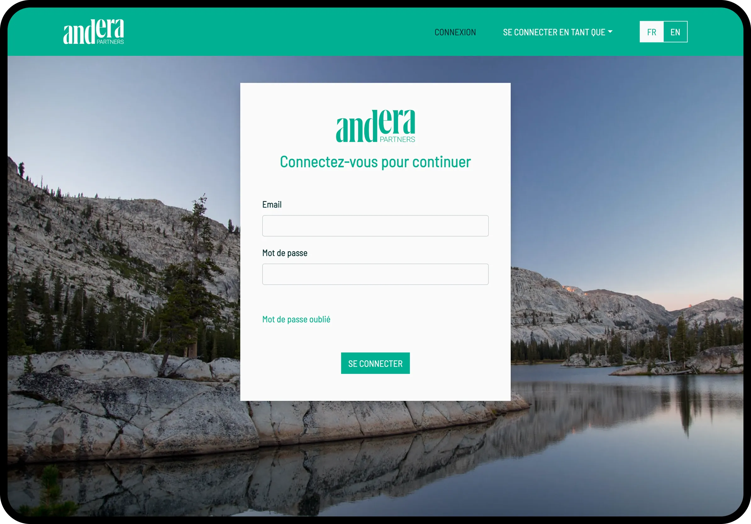 Page de connexion Andera Partners avec champs Email et Mot de passe sur fond de paysage montagneux reflété dans un lac.