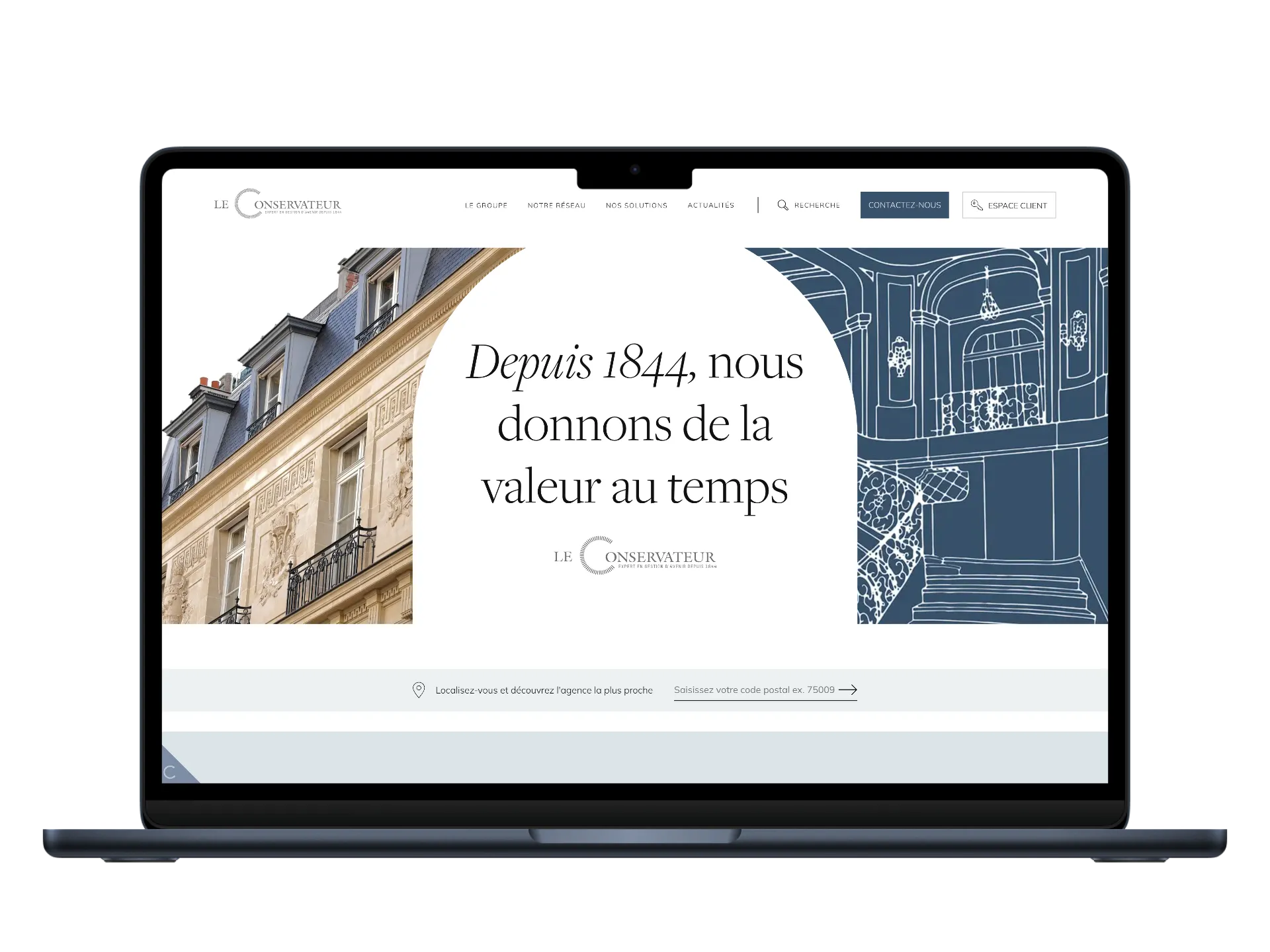 Écran d'ordinateur portable affichant un site web avec le texte « Depuis 1844, nous donnons de la valeur au temps » et des images d'un bâtiment classique et un dessin architectural bleu.