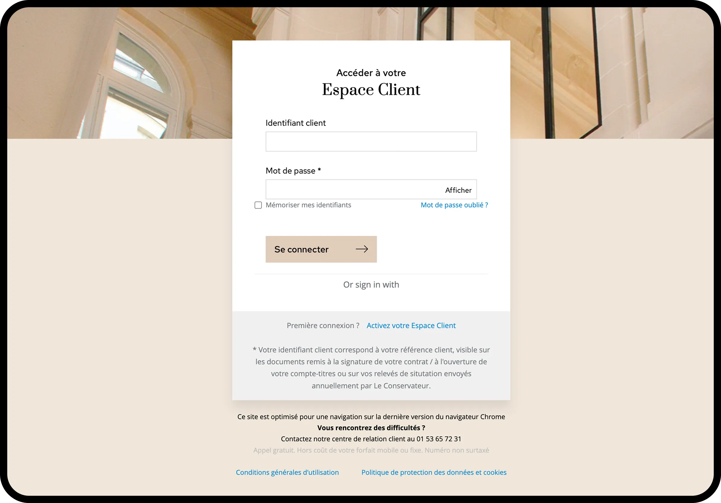 Page de connexion à un espace client avec champs pour identifiant et mot de passe, bouton se connecter, et liens pour mot de passe oublié et activation du compte.