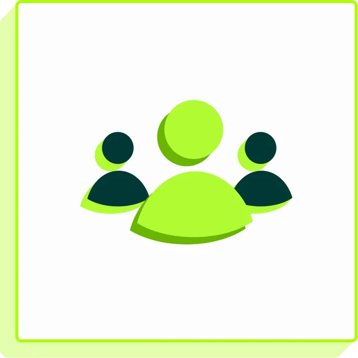 Icône stylisée montrant un groupe de trois personnes en vert clair et bleu foncé.