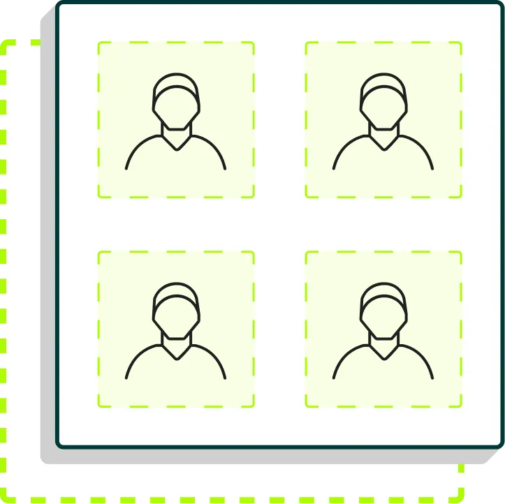 Quatre icônes de profil utilisateur minimalistes en ligne noire sur fond clair avec des bordures en pointillés verts.