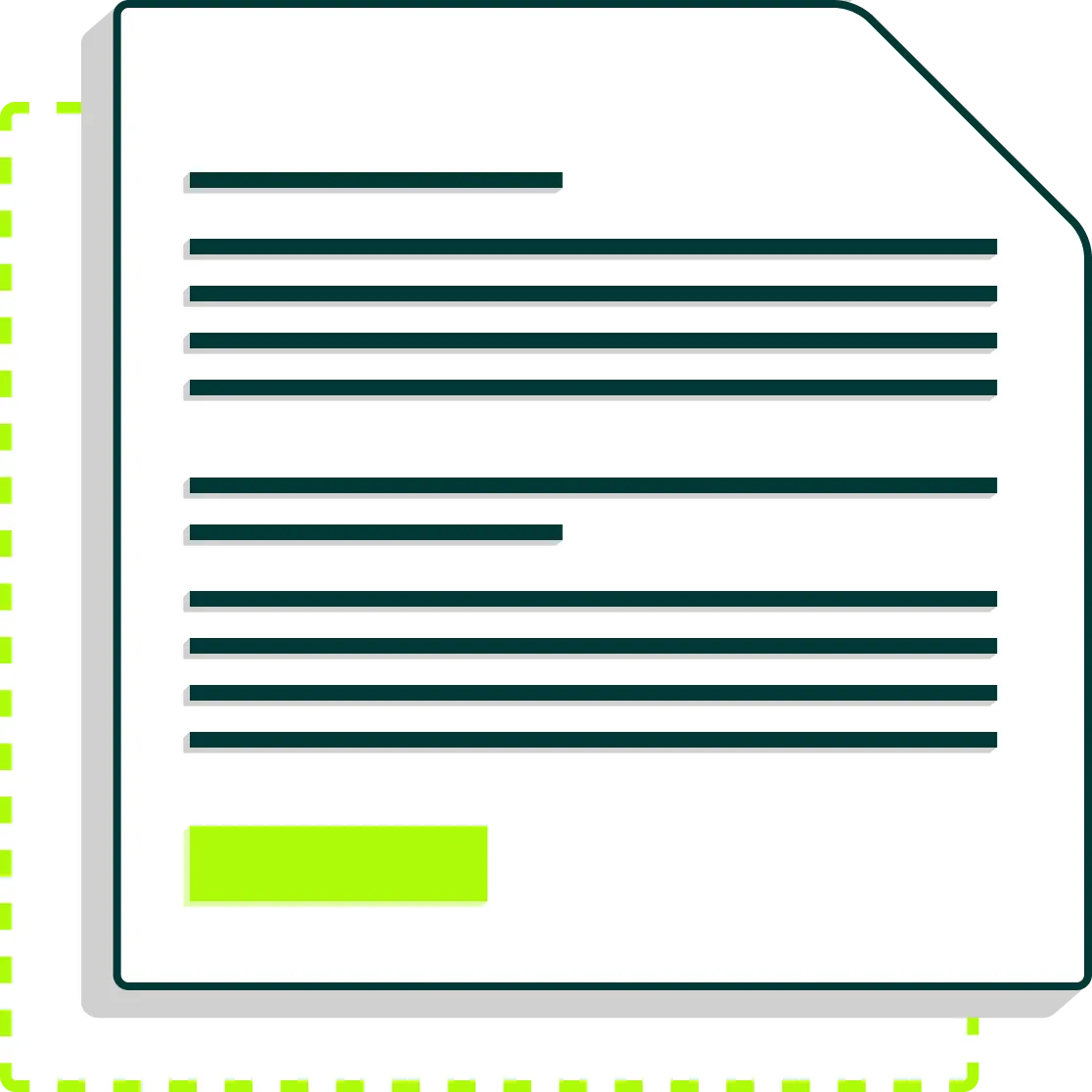 Icône stylisée de deux documents superposés avec du texte et un bouton rectangulaire vert clair en bas.