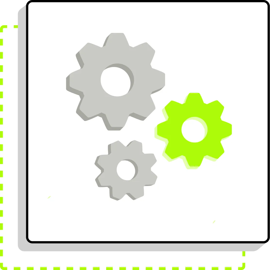 Trois engrenages, deux gris et un vert vif, symbolisant un mécanisme ou des réglages.