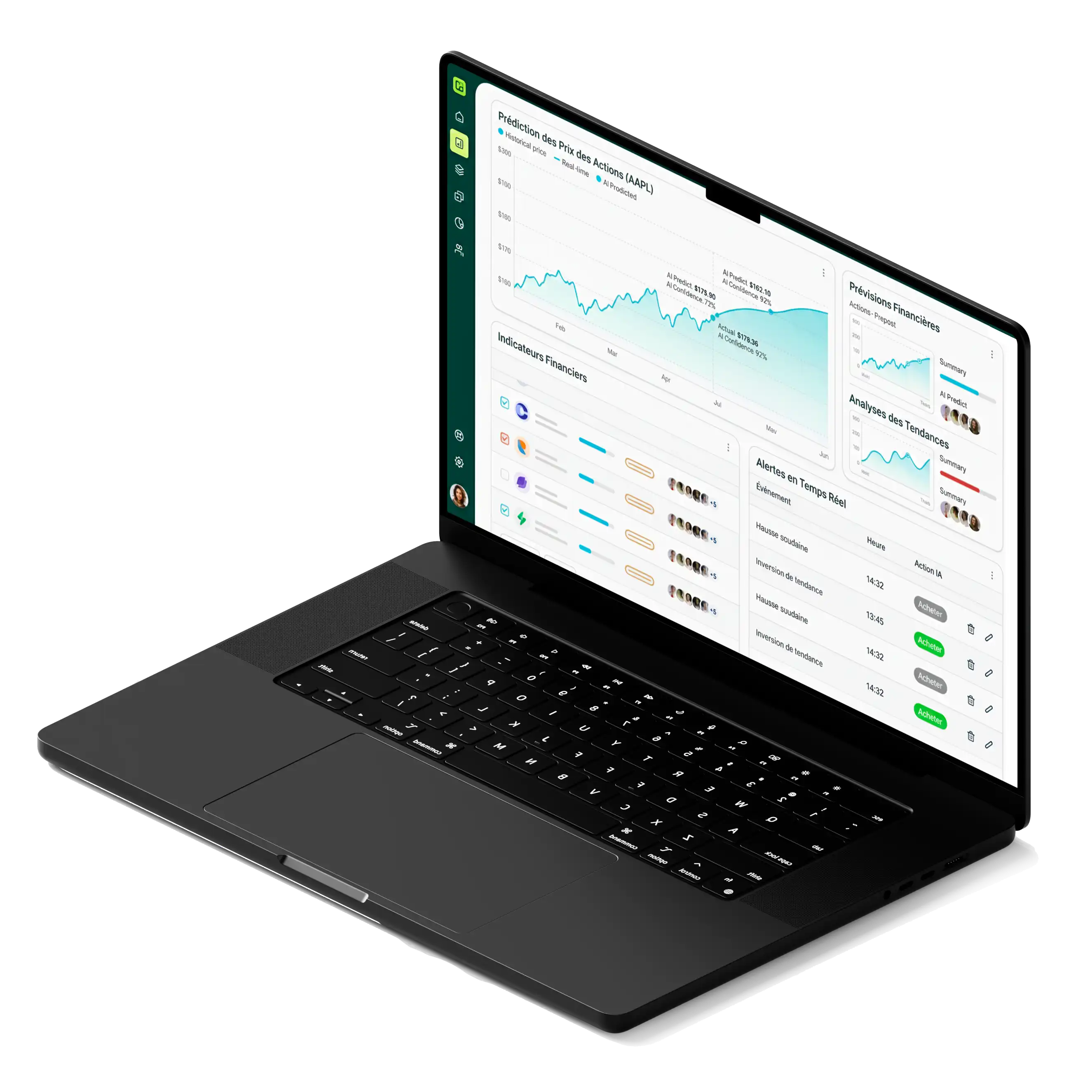 Ordinateur portable noir affichant un tableau de bord financier avec des graphiques de prévision de prix d'actions, indicateurs financiers optimisés par IA, alertes en temps réel et analyses de tendances.