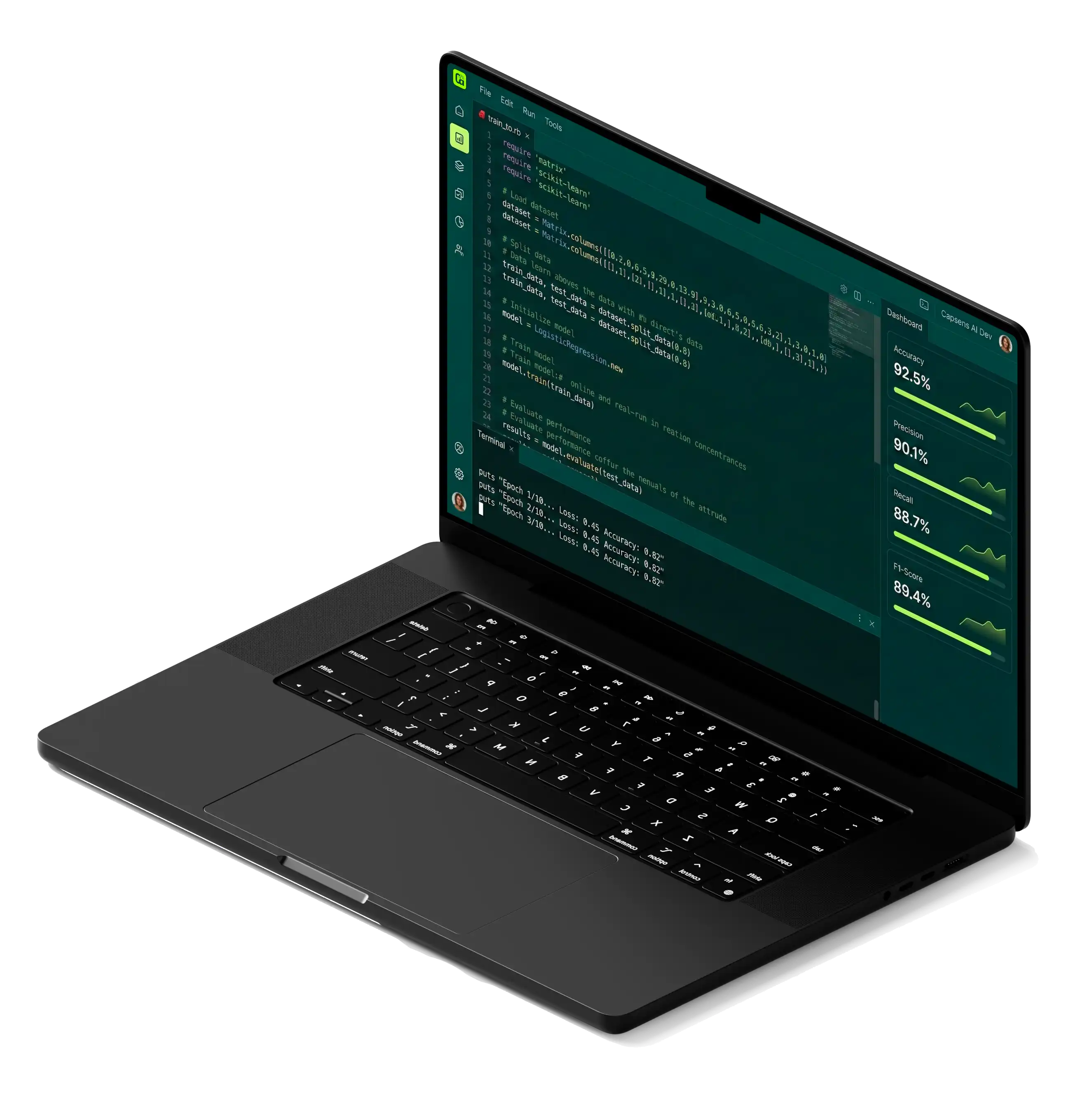 Ordinateur portable noir affichant un code pour la régression logistique et un tableau de bord avec précision et rappel.