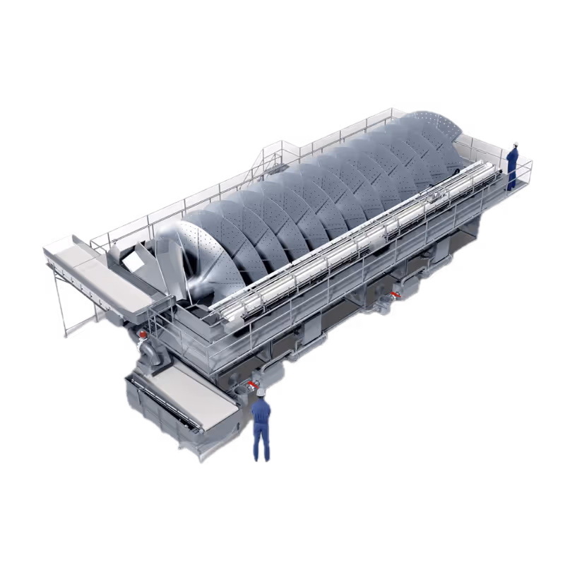 Large stainless steel Rotex Sub-Chilling Onboard system with spiral drum and conveyors for sub-zero fish chilling.