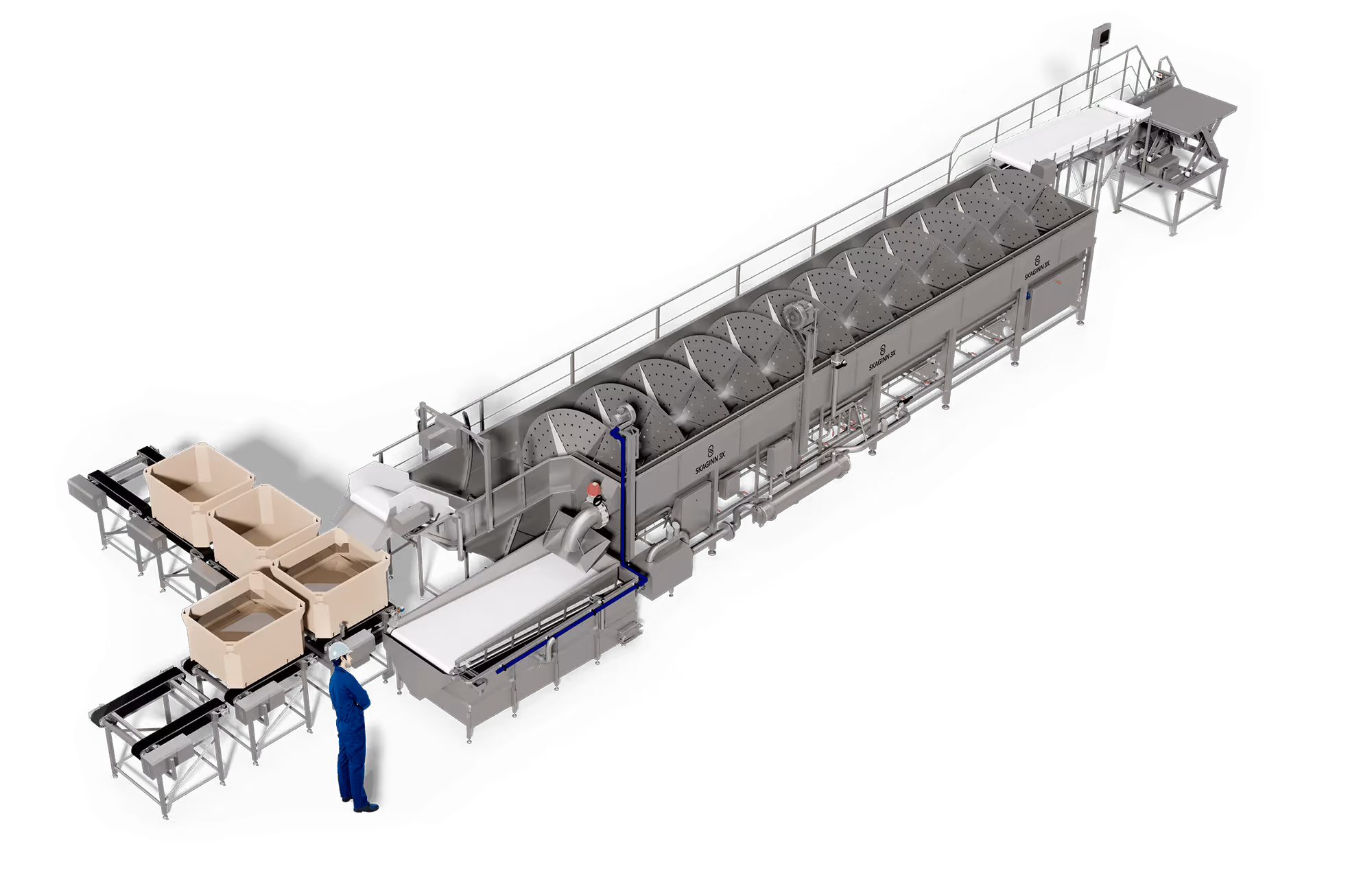 Rotex Thawing tank with conveyors and loading area for frozen fish bins.