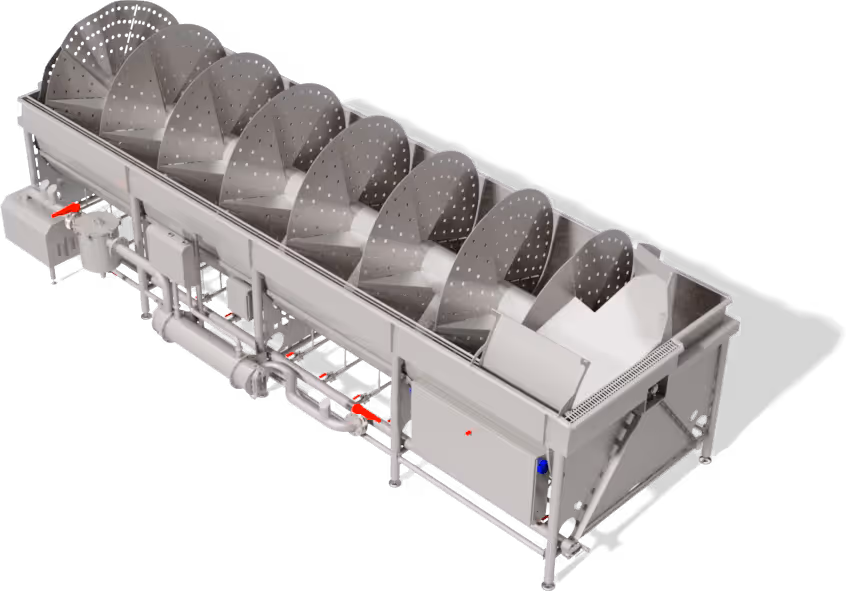 Stainless steel Rotex Aquaculture system with large rotating drum for bleeding and pre-chilling fish.