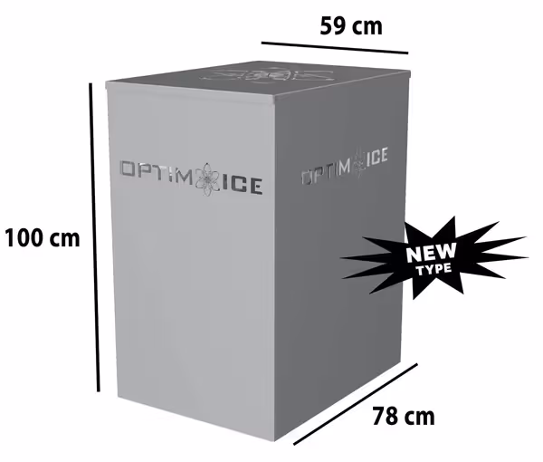 Picture of the new OptimICE liquid ice machine with dimensions