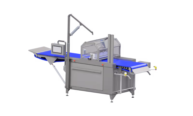 Stainless steel S900 Injection Machine with blue conveyor belt, for precise brine and additive injection into fish.